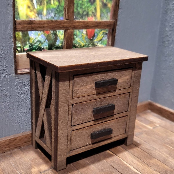 Rustic 3 Drawer Nightstand/Side Table - Dollhouse Miniature 1/12