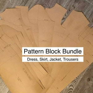 May include: A set of brown paper pattern blocks for sewing a dress, skirt, jacket, and trousers. The text "Pattern Block Bundle" and "Dress, Skirt, Jacket, Trousers" is printed on the paper.