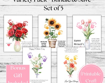 Aquarell-Blumenkarte | Handabdruck-Kunststrauß mit Mama-Gedicht | Glaube | Muttertagsgeschenk | DIY handgemachtes Handwerk| Andenken und Wanddekoration für Kinder