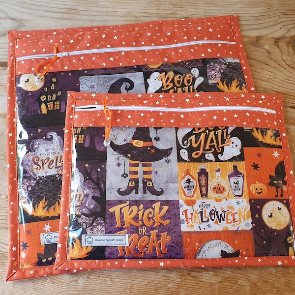 Halloween cross stitch project bag with vinyl front and various witch, cat panels