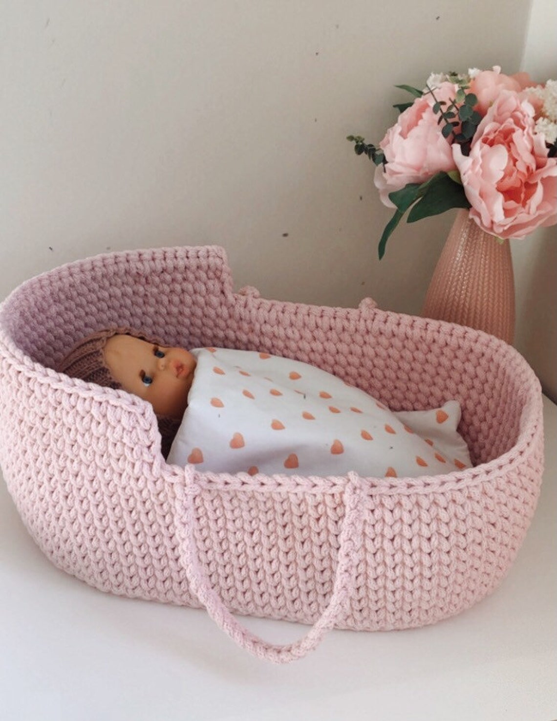 Dolls Moses Basket Carry Cot Pink Dolls Etsy