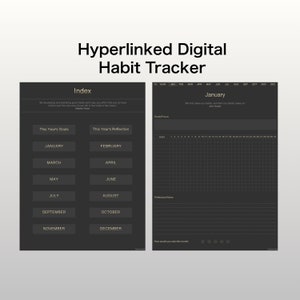 May include: A black and gold digital habit tracker with a monthly calendar for January. The tracker includes sections for goals, habits, reflection notes, and a rating scale.