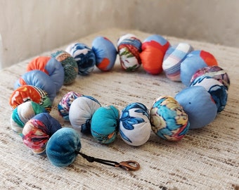 Textile necklace | Multicoloured blue | Fabric beads