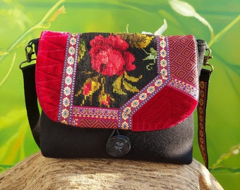 Red textile floral shoulder bag | Red flower bag | Handmade | Gift for women