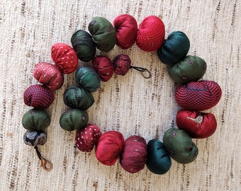 Textile necklace | Multicoloured red green | Large fabric beads