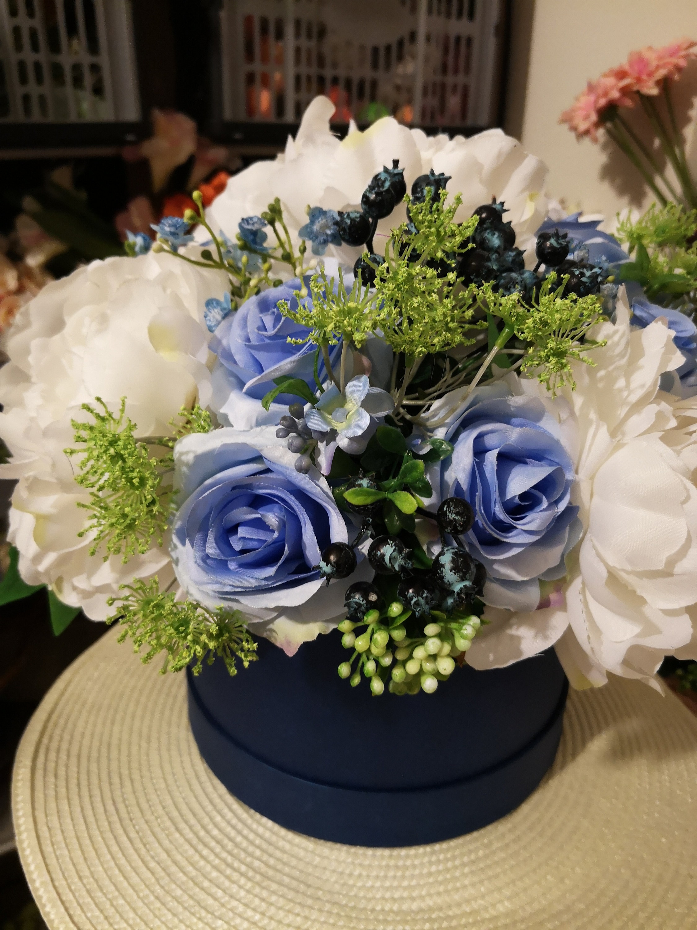 Artificial flower arrangement in Hatbox / Flowers in Hat box / Etsy