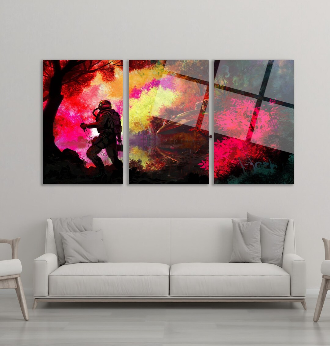 Cosmic Jungle Explorer Wall Art – Neon Sci-fi Forest, Astronaut & Crash ...