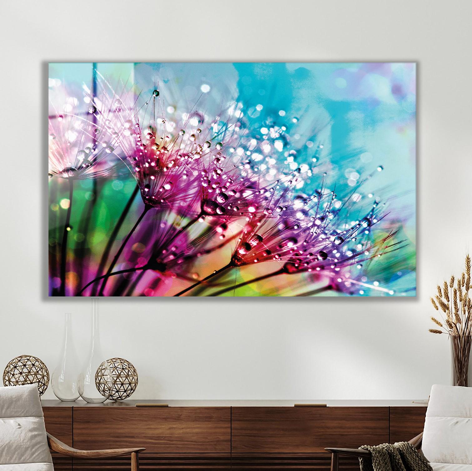 Dandelion Water Drops Glass Wall Art: Modern Home Decor