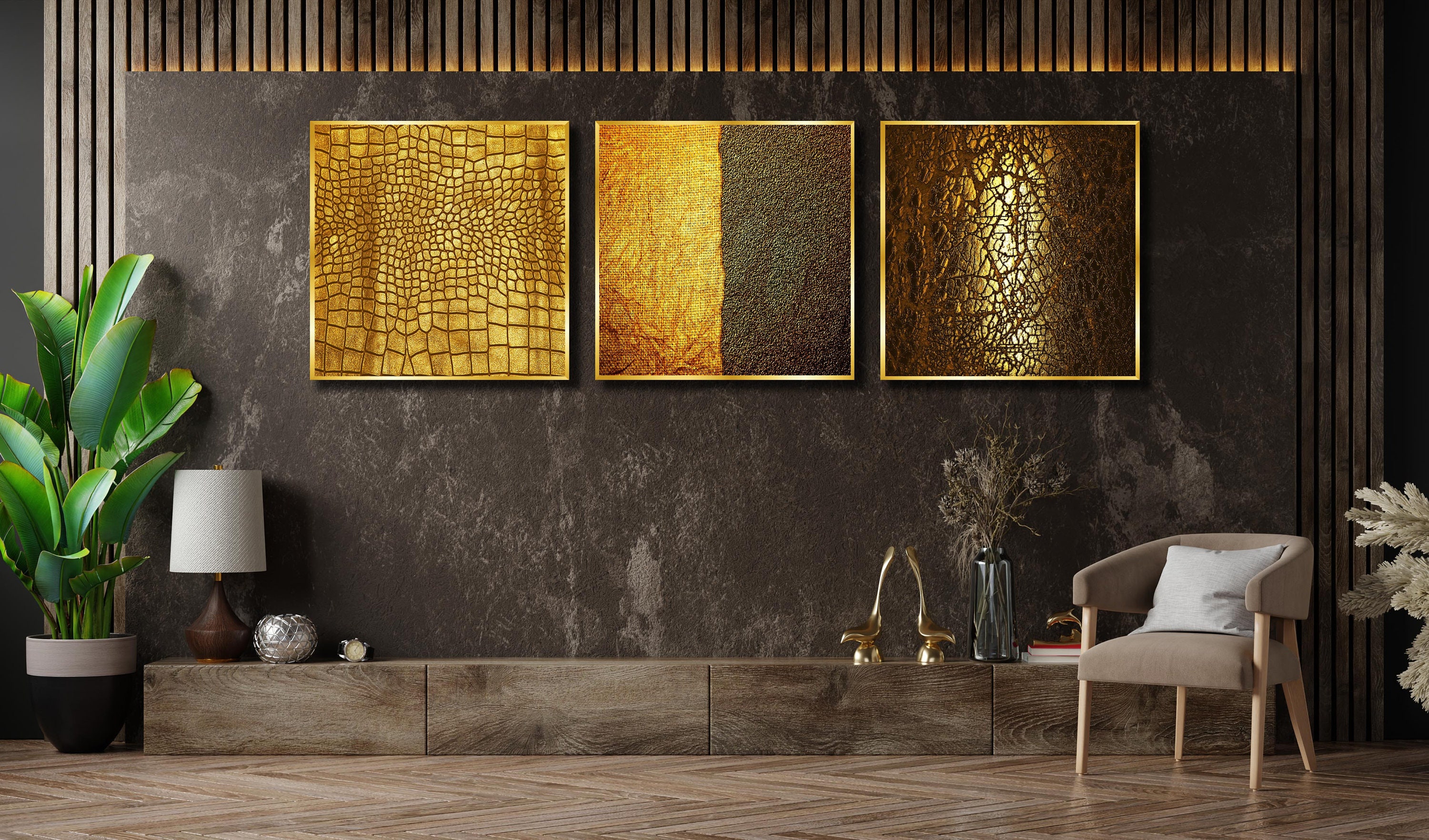 Luxury Gold Wall Decor on Glass, Golden Abstract Art, Home Office