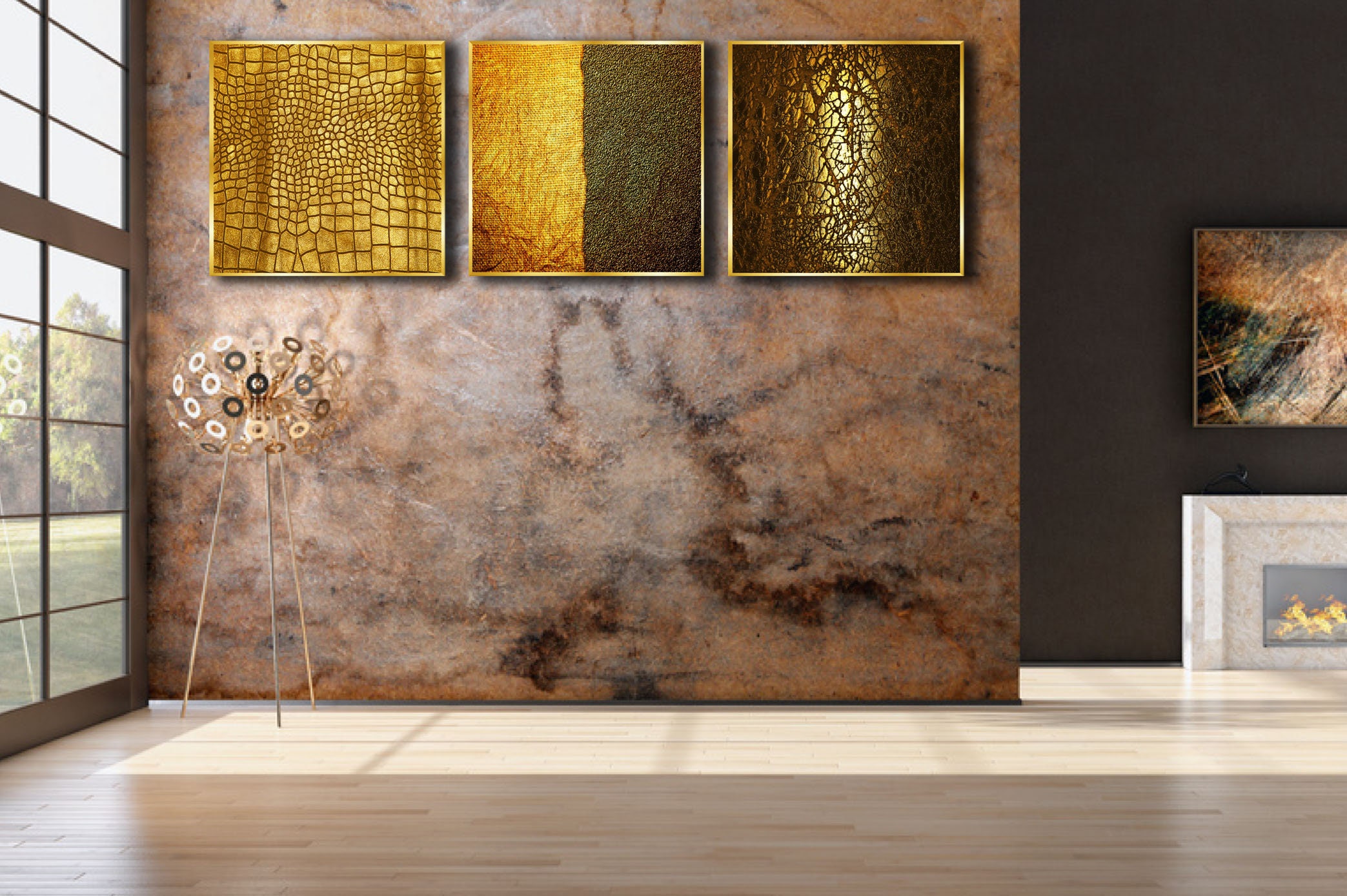 Luxury Gold Wall Decor on Glass, Golden Abstract Art, Home Office