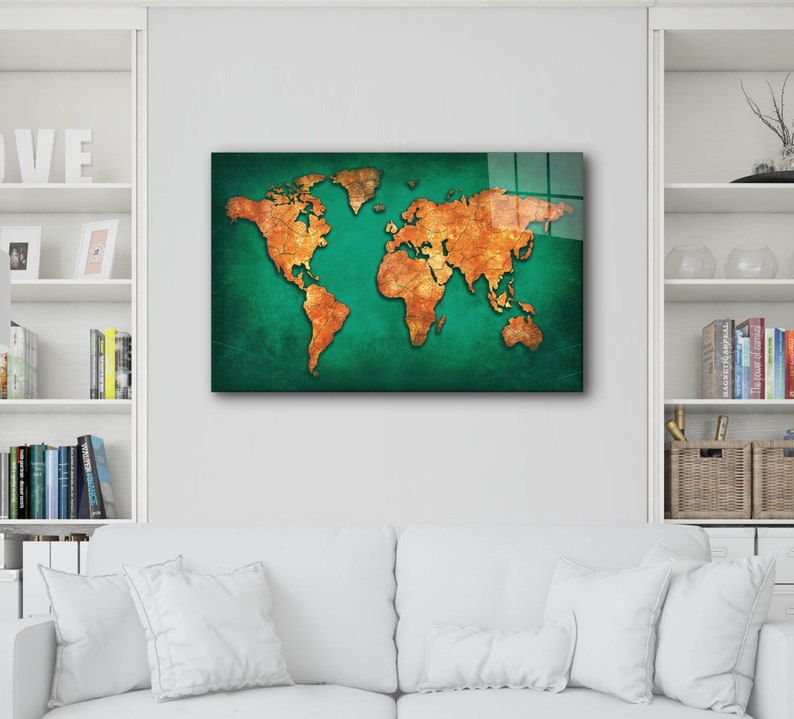 World Map Glass Wall Decor, Office Décor, Interior Designs, Home Office