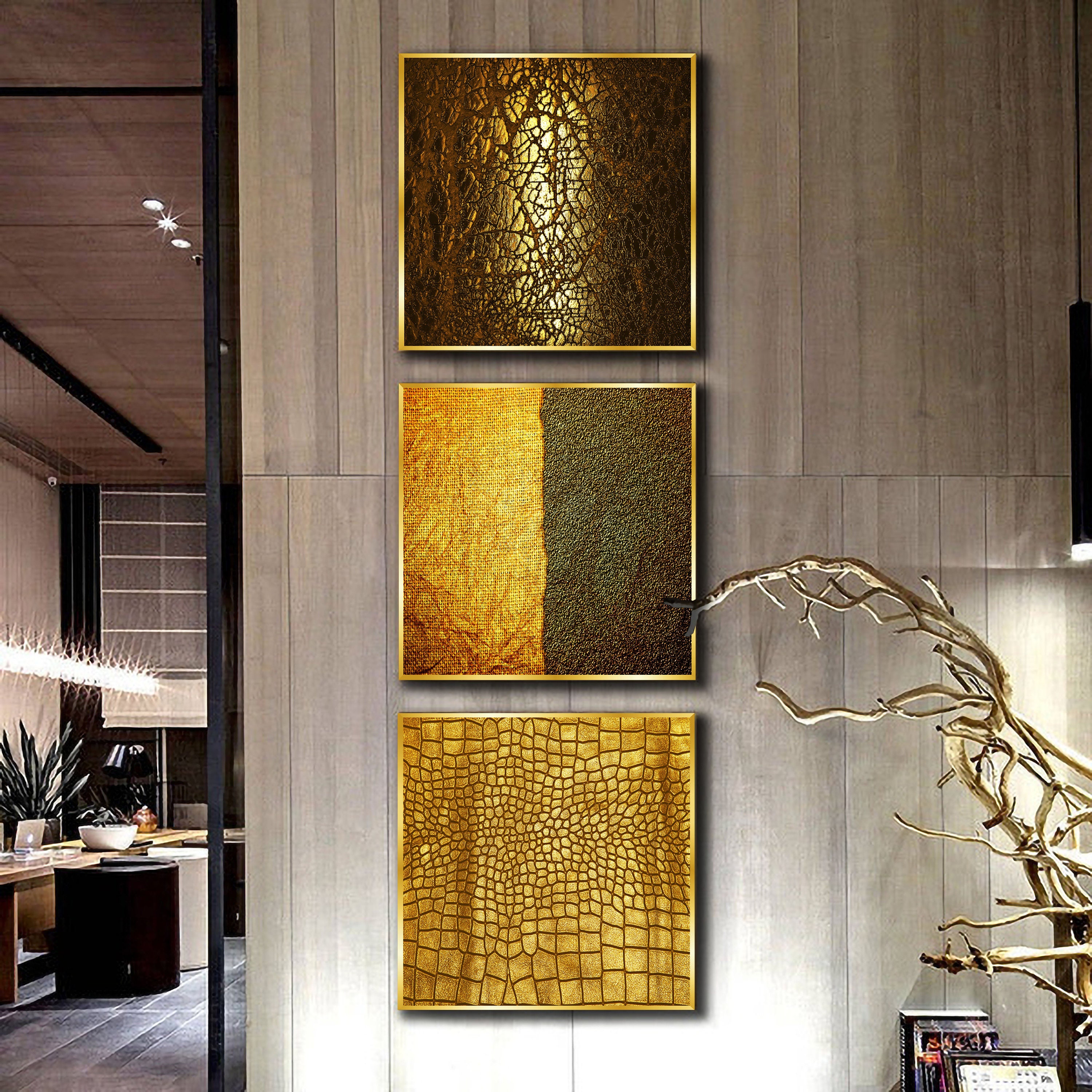 Luxury Gold Wall Decor on Glass, Golden Abstract Art, Home Office