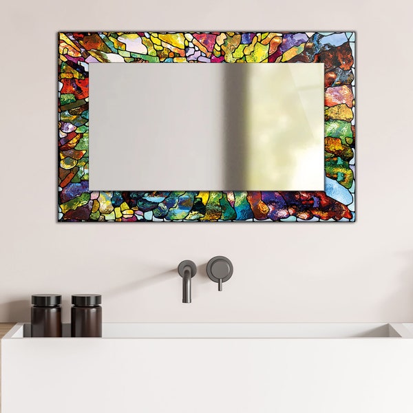 Glass Framed Mirror, Colourful Horizontal Rectangle Mirror, Unique Wall Decoration, Abstract Stained Glass, Decorative Mirror Tempered Glass