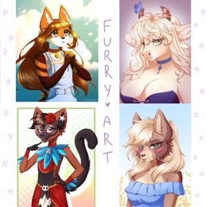 May include: A digital art collage featuring four furry characters. The top left character is a red panda with long brown hair wearing a blue overall dress. The top right character is a cow with long blonde hair wearing a blue and black dress. The bottom left character is a black cat with red glasses and a blue and red outfit. The bottom right character is a brown cat with blonde hair wearing a blue dress.