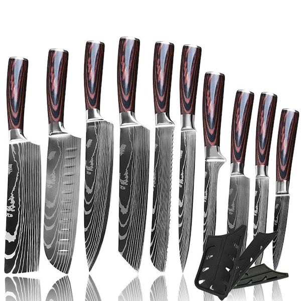 Chefs Kitchen knife 12 pc set with metal steel block and 10" sharpening steel