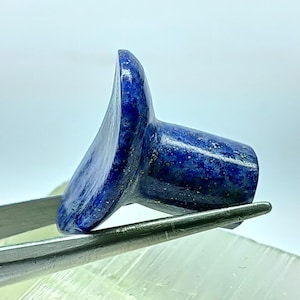 以下が含まれることがあります： 深い青色のラピスラズリのボトルストッパー。ストッパーは円筒形のベースと、フレア状の湾曲した上部を持っています。石はまだら模様で、金属製のピンセットで保持されています。背景はソフトホワイトです。