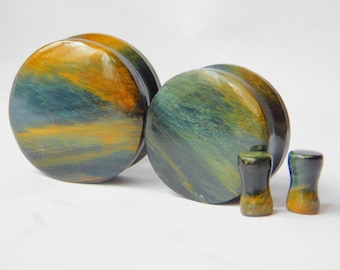 Blue Tigers Eye Plugs Gauges, Concave Tigers Eye Stretched Ears - Natural Organic e Pair) 6g 4mm to 50mm Lot.