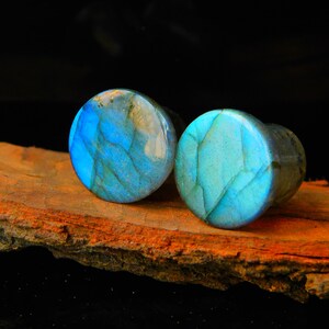 May include: A pair of round labradorite plugs, showcasing a polished finish. The plugs exhibit a striking blend of blue, teal, and grey tones, with natural veining patterns. They are placed on a piece of textured, reddish-brown wood against a black backdrop.