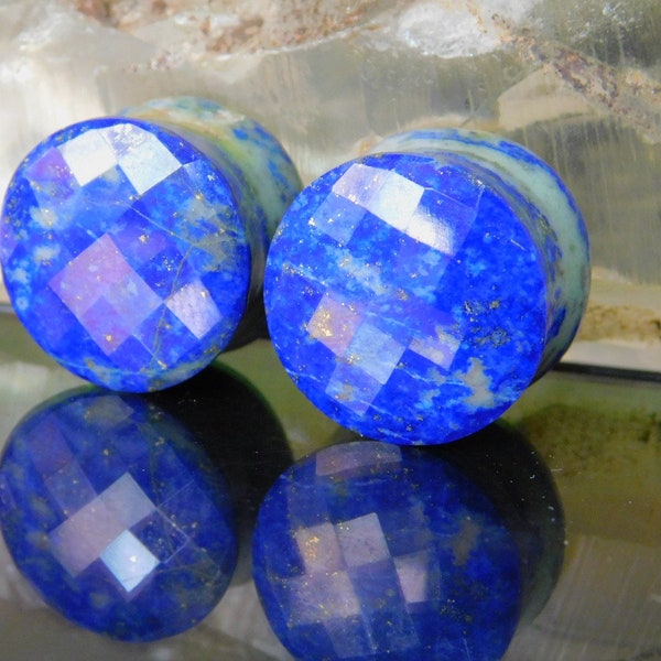 Faceted Blue Lapis Stone,Stone Plugs Gauges,Natural Organic (Pair) Size/Gauges6g(4mm)to1" (25mm)Plugs Double Flare Body Jewelry