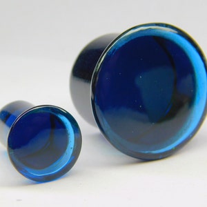 Single Flare Dark Blue Clear Glass Dome Plugs  4g, 2g, 1g, 0g, 00g, 10mm, 7/16&quot;, 12mm, 9/16&quot;, 5/8&quot;, 18mm, 3/4&quot;, 20mm, 7/8, 24mm1&quot;