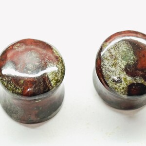 May include: Two stone plugs with a polished finish. The plugs have a reddish-brown base color with patches of green and white. The plugs are round with a flared shape, designed for stretched ear piercings.