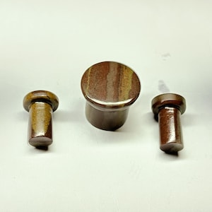 May include: Three brown ear plugs with a glossy finish. The plugs have a cylindrical shape with a rounded top. The center plug is larger than the other two. The plugs are made of a material that has a marbled appearance with shades of brown and tan.
