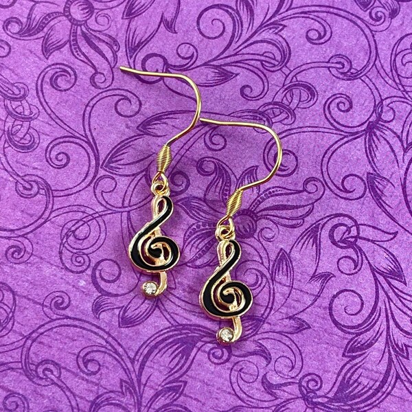 Treble Clef with Rhinestone Enamel Earrings- Magic, Cosplay, Goth, Emo, Kawaii, Chibi, Music Note