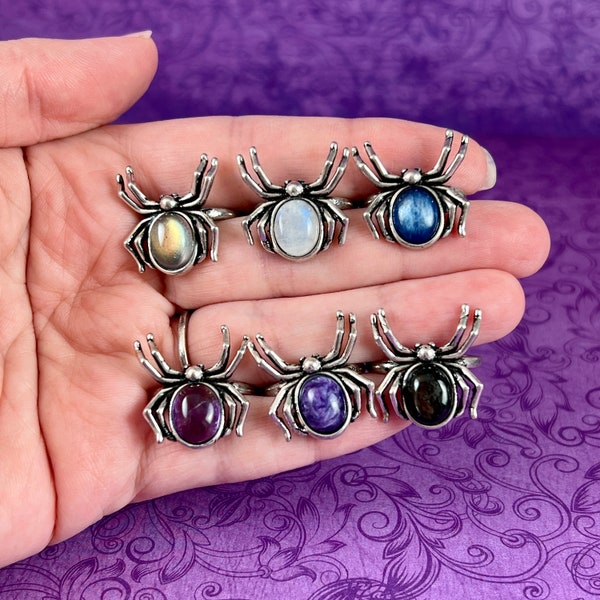 Crystal Spider Ring - Halloween Jewelry, Protection, Gemstone, Hypersthene, Blue Moonstone, Kyanite, Labradorite, Amethyst, Charoite