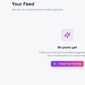 Può includere: Schermata dell'interfaccia del simulatore social SimPost. La barra laterale sinistra presenta opzioni di navigazione come "Feed", "Create Post" e "Templates". L'area dei contenuti principale mostra "Your Feed" con un pulsante di invito all'azione: "Create Your First Post."