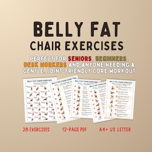 May include: A 12-page PDF document titled Belly Fat Chair Exercises, featuring a 28-day program with illustrated low-impact core workouts. The text includes Belly Fat Chair Exercises, 28 Exercises, 12-Page PDF, and A4+ US Letter format.