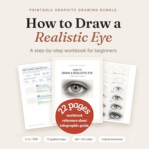 Könnte beinhalten: Ein druckbares Graphit-Zeichenset mit dem Titel How to Draw a Realistic Eye, ein 22-seitiges Arbeitsbuch mit 12 geführten Schritten für Anfänger. Enthält ein Referenzblatt und einen Infografik-Leitfaden in den Formaten A4 und US Letter.