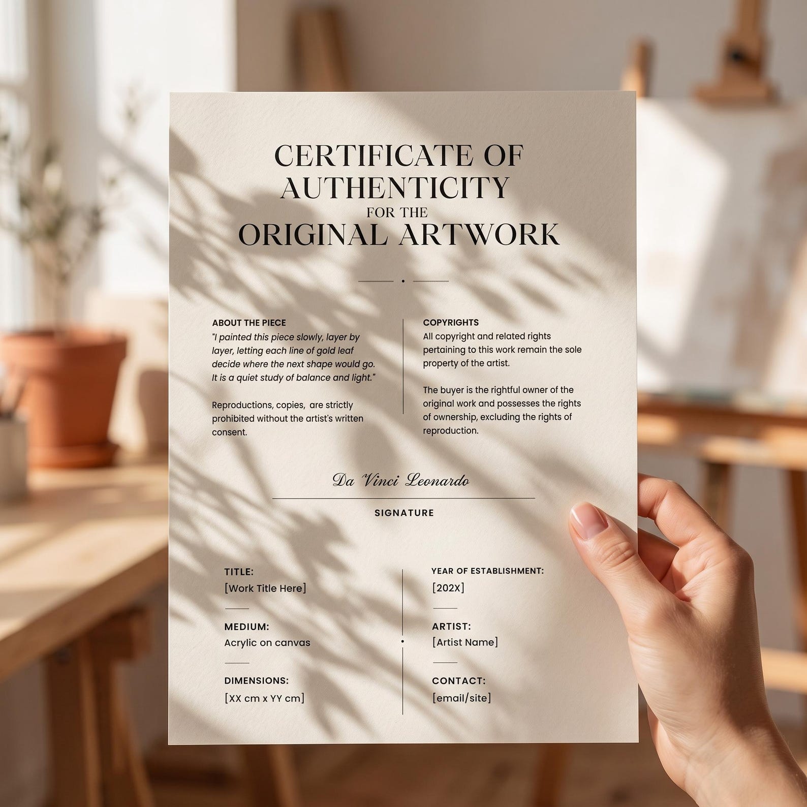 Certificato di autenticità quadri modificabile con Canva