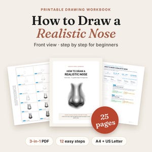 Puede incluir: Un cuaderno de ejercicios de dibujo imprimible titulado How to Draw a Realistic Nose, con 12 pasos guiados para principiantes. El set incluye un PDF 3 en 1 de 25 páginas, en formatos A4 y US Letter, con una ilustración de nariz en grafito.