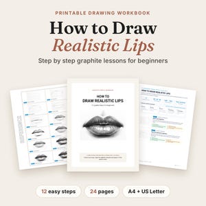 Può includere: Un quaderno di esercizi di disegno stampabile intitolato How to Draw Realistic Lips, con lezioni di grafite passo dopo passo per principianti. Include 12 passaggi semplici, 24 pagine ed è disponibile nei formati A4 e US Letter.