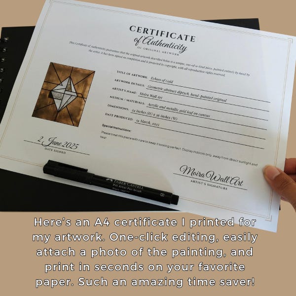 Certificato di autenticità opera d'arte layout orizzontale con foto