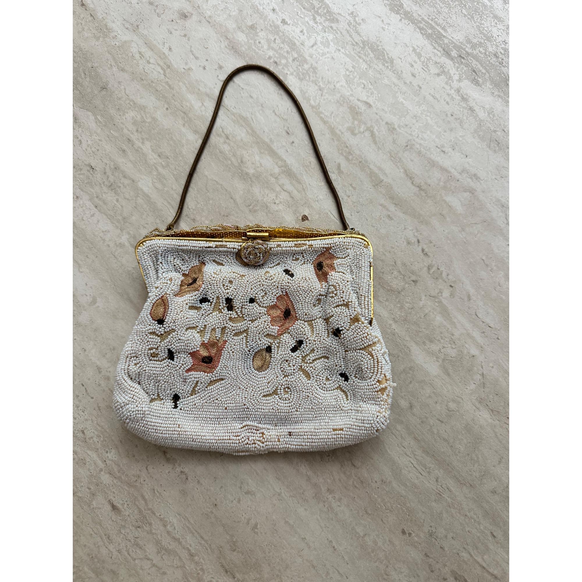 Vintage 1950s Delill White Beaded Floral Purse With Gold Accents & Satin Interior