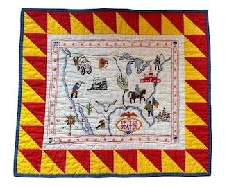Vintage Quilted Embroidery Sampler United States Early Americana Folk Art Wall Hanging. Rare item of quilted United States American History