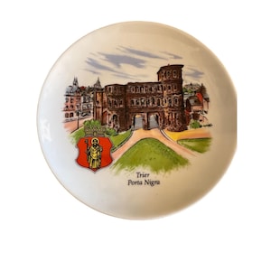 Trier Porta Nigra Germany Decorative Wall Plate Featuring Hanging Loop 7.5 Inches Diameter White Ceramic