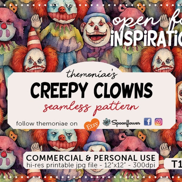 creepy clowns seamless pattern horror lover digital paper download repeating scary terror puppets fabric texture commercial personal use