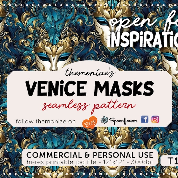 venice carnival masks seamless pattern venetian digital paper peacock blue fabric traditional masks elegant texture commercial personal use