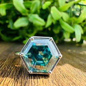 5.00 CT Hexagon Cut Cyan Blue Moissanite Engagement Ring, Solitaire Wedding Ring, Bezel Set Ring, 10K/14K Solid Gold, Bridal Set Ring