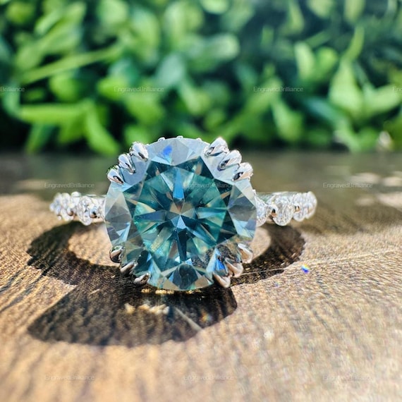 CT Round Cyan Blue Moissanite Engagement Ring, Pave Wedding