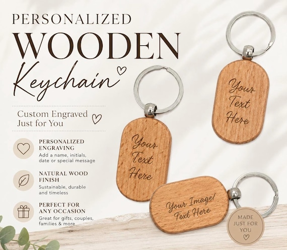 Custom Engraved Wooden Keychain-Personalized Logo, Name, or Design- Business Branding, Gifts,  Promotional Keychains