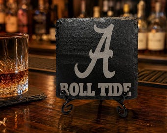 Posavasos de pizarra grabados de Crimson Tide, regalo para aficionados de Alabama, juego de decoración para bar de fútbol americano universitario