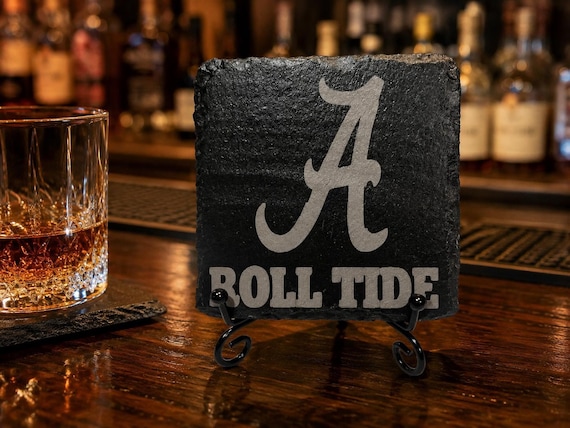 Crimson Tide Engraved Slate Coasters, Alabama Fan Gift, College Football Bar Decor Set