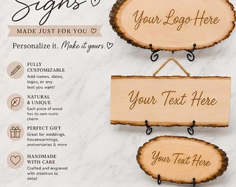 Letrero de madera grabado a medida: logotipo, nombre de empresa o diseño personalizado. Letrero rústico con borde natural.