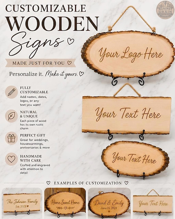 Custom Engraved Wood Sign-Personalized Logo, Business Name, or design-Rustic live Edge Sign