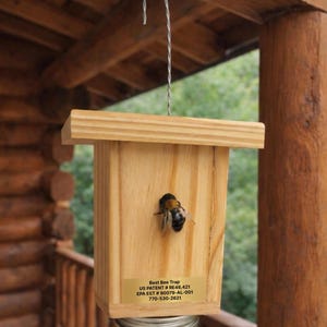 Puede incluir: Una trampa para abejas de madera con un alambre de metal para colgar, con un cuerpo rectangular de madera clara y una etiqueta dorada que dice Best Bee Trap, US PATENT # RE46,421, EPA EST # 90079-AL-001, 770-530-2621, con un abejorro en la parte frontal.