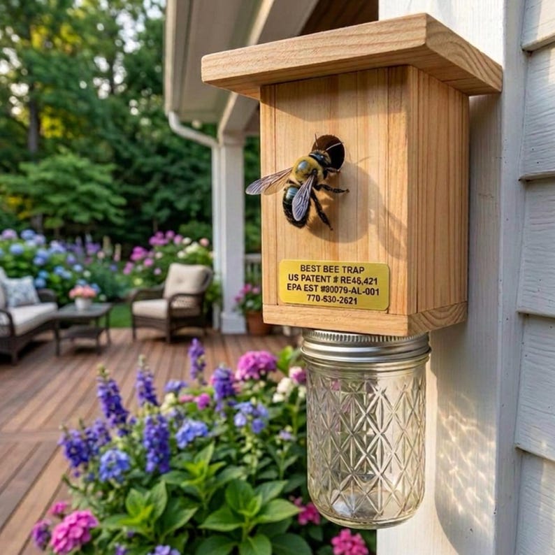 Puede incluir: Una trampa para abejas de madera montada en un poste blanco, con una base de frasco de vidrio transparente y una placa de metal dorada con el texto BEST BEE TRAP US PATENT #RE46,421 EPA EST #90079-AL-001 770-530-2621. Un abejorro est&aacute; posado sobre la madera.