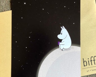 Moomin drinking tea on the moon, A5, A4 print